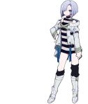  1girl artist_request blue_eyes blue_hair bob_cut boots check_artist criminal_girls criminal_girls_x dress full_body hand_on_hip jacket looking_at_viewer mochizuki_kei open_clothes open_jacket short_dress simple_background sleeveless sleeveless_dress solo striped striped_dress transparent_background white_footwear white_jacket yuiko_(criminal_girls_x) 