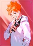  1boy bangs bottle coca-cola framed grin haikyuu!! highres hinata_shouyou holding holding_bottle hood hoodie male_focus orange_eyes orange_hair pink_background re_it0 simple_background smile soda solo standing teeth twitter_username upper_body 