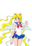  1girl bishoujo_senshi_sailor_moon blonde_hair blue_eyes blue_sailor_collar choker circlet cowboy_shot crescent crescent_earrings double_bun earrings jewelry long_hair magical_girl marco_albiero miniskirt pink_nails pleated_skirt ring sailor_collar sailor_moon signature skirt solo tsukino_usagi twintails very_long_hair wings 