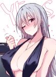  1girl alternate_costume azur_lane bangs bare_shoulders bed black_dress blush breasts cleavage closed_mouth dress evening_gown eyebrows_visible_through_hair hair_between_eyes heart heart-shaped_pupils highres himiya_jouzu jewelry large_breasts long_hair mole mole_under_eye necklace one_eye_closed revealing_clothes silver_hair smile sovetskaya_rossiya_(azur_lane) symbol-shaped_pupils upper_body 