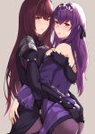  2girls armor ass bangs bare_shoulders bodysuit breast_press breasts bushidokuroi cleavage detached_collar dress dress_lift fate/grand_order fate_(series) feather_trim hair_between_eyes highres jewelry large_breasts long_hair long_sleeves looking_at_viewer multiple_girls pantyhose pauldrons pendant purple_bodysuit purple_dress purple_hair purple_legwear red_eyes scathach_(fate) scathach_(fate)_(all) scathach_skadi_(fate) shoulder_armor smile symmetrical_docking thighs tiara yuri 