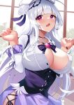  1girl absurdres areolae arms_up azur_lane blush bow braid braided_bun breasts cleavage corset covered_nipples cygnet_(azur_lane) eyebrows_visible_through_hair hair_ornament hair_ribbon hat highres jewelry large_breasts long_hair looking_at_viewer necklace nipples open_mouth purple_bow purple_eyes purple_skirt ribbon sanba_tsui shirt skirt solo white_hair white_shirt window 