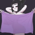  1:1 2021 5_eyes accessory anthro arachnid arthropod big_breasts black_hair blush breasts curvy_figure female fingers hair hair_accessory hair_ribbon hands_behind_head hi_res kaxiota looking_at_viewer muffet multi_arm multi_eye multi_limb nipples nude purple_body ribbons short_hair smile solo spider teeth undertale video_games 