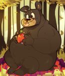  2021 anthro apple_(fruit) big_eyes blep brown_bear food forest fruit hi_res holding_food holding_object leaf male mammal outside overweight overweight_anthro overweight_male plant scraffyraccoon sitting smile solo tongue tongue_out tree ursid ursine 
