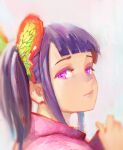  1girl bangs blunt_bangs bug butterfly butterfly_hair_ornament closed_mouth from_behind hair_ornament highres insect japanese_clothes kimetsu_no_yaiba kimono looking_at_viewer looking_back portrait purple_eyes purple_hair purple_kimono side_ponytail sidelocks tsuyuri_kanao white_background yugen99 