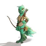  2021 absurd_res anthro avian beak bird bottomless bow_(weapon) clothed clothing feathers featureless_crotch green_body green_feathers hi_res holding_object holding_weapon light lighting looking_at_viewer louart ranged_weapon shaded shadow signature simple_background solo weapon white_background 