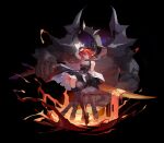  1girl absurdres arknights arm_up bare_shoulders black_background black_dress black_footwear black_legwear breasts chinese_commentary cleavage collar commentary_request demon demon_girl demon_horns dress head_tilt highres horns kevin_krypton long_hair looking_at_viewer medium_breasts molten_rock purple_eyes red_hair shoes simple_background solo spiked_collar spikes surtr_(arknights) sword thighhighs weapon 