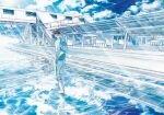  1boy barefoot blue_sky brown_hair cloud cloudy_sky day full_body gusari haikyuu!! jacket lens_flare male_focus oikawa_tooru_(haikyuu!!) open_clothes open_jacket profile reflection sky solo standing sunlight wading water wind 