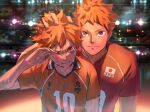  2boys bangs crying dual_persona haikyuu!! hinata_shouyou looking_at_viewer male_focus multiple_boys older orange_eyes orange_hair re_it0 sportswear standing tearing_up time_paradox twitter_username upper_body volleyball_uniform 