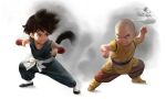  3boys brown_eyes closed_mouth clothing_request commentary dragon_ball english_commentary fighting_stance flying flying_nimbus full_body highres kuririn looking_at_another looking_away multiple_boys sangsoo_jeong shoes simple_background son_goku symmetry tagme tail white_background 