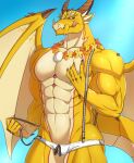  aaassstaro abs anthro blush clothed clothing digital_media_(artwork) dragon egg eyebrows hair hand_on_chest horn lei looking_at_viewer male multicolored_body muscular muscular_anthro muscular_male ophion orange_eyes outside partially_clothed pecs scalie sky solo speedo spikes spikes_(anatomy) suspenders swimwear tokyo_afterschool_summoners tongue tongue_out two_tone_body video_games western_dragon white_body white_clothing white_hair white_swimwear wings yellow_body 