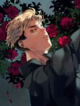  1boy bangs black_shirt blonde_hair brown_eyes flower haikyuu!! highres leaf male_focus miya_atsumu multicolored_hair parted_lips petals red_flower red_rose rose shirt solo throttlee two-tone_hair upper_body 