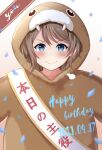  1girl birthday blue_eyes blush collarbone commentary_request confetti dated english_text happy_birthday hood light_brown_hair looking_at_viewer love_live! love_live!_sunshine!! mascot_costume reminiscence202 sash short_hair smile solo uchicchii walrus_costume watanabe_you 