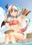  1girl aqua_hair asymmetrical_hair bare_arms bare_legs bare_shoulders bikini bikini_skirt black_hair blue_eyes blue_sky blush chain chimera chocolate_banana chopsticks cloud cloudy_sky collarbone corn_dog cowboy_shot cuffs day dragon_girl dragon_horns dragon_tail dragon_wings eating fang food food_in_mouth fried_squid from_below grey_hair halterneck heterochromia holding holding_chopsticks holding_food horns kebab ketchup kiasa knees_together_feet_apart long_hair looking_at_food lunchbox midriff multicolored_hair mustard navel outdoors partially_submerged pasta red_bikini red_hair rose_(sentouin_haken_shimasu!) sausage sentouin_haken_shimasu! shackles single_horn single_wing single_wrist_cuff sitting skewer skin_fang sky soaking_feet solo squid stomach streaked_hair swimsuit tail water wings yellow_eyes 