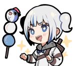  1girl bangs bloop_(gawr_gura) blue_bow blue_eyes blue_hair bow chibi coat dango drooling eyebrows_visible_through_hair food gawr_gura hololive hololive_english monster_hunter_(series) monster_hunter_rise ninomae_ina&#039;nis_(artist) over_shoulder sharp_teeth sidelocks sparkle sparkling_eyes teeth thick_outlines two_side_up wagashi weapon weapon_on_back weapon_over_shoulder white_coat 