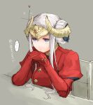  1girl cape closed_mouth double_bun dress edelgard_von_hresvelg fake_horns fire_emblem fire_emblem:_three_houses gloves hair_ornament horns long_hair long_sleeves looking_at_viewer purple_eyes robaco simple_background solo 