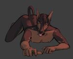  2021 5_fingers absurd_res all_fours anthro ass_up bedroom_eyes black_body black_fur black_skin brown_body brown_fur brown_hair brown_skin butt canid canine canis colored crawling dark_body dark_skin digital_drawing_(artwork) digital_media_(artwork) dobermann domestic_dog eyebrows fingers fur glistening glistening_nose hair hair_over_eye hi_res humanoid_hands kain_vanderhilt light lighting looking_at_viewer male mammal multicolored_body nails narrowed_eyes nipples nude one_eye_obstructed out pinscher raised_tail red_eyes seductive shaded sharp_nails shouler_shurka simple_background skinny skinny_anthro skinny_male slim solo spots tongue watermark 