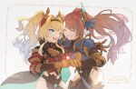  2girls beatrix_(granblue_fantasy) blonde_hair blue_eyes blush breasts cleavage eyewear_on_head flower granblue_fantasy hair_intakes hairband hibiscus long_hair multiple_girls open_mouth polearm ponytail red_armor shawl smile spear sunglasses twintails weapon youmicitrustea zeta_(granblue_fantasy) 
