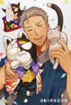  1boy ;d animal animal_on_shoulder cat cat_on_shoulder confetti facial_hair grey_hair hand_up harigiri305 highres holding holding_animal japanese_clothes kimono looking_at_viewer maimoto_keisuke male_focus maneki-neko nijisanji one_eye_closed open_mouth smile solo stubble thick_eyebrows upper_body virtual_youtuber white_background white_cat 