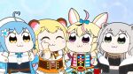  4girls :3 ahoge animal_ears arm_up bear_ears bell bkub_(style) black_jacket blonde_hair blue_background blue_hair blue_jacket blue_neckwear closed_eyes commentary_request crop_top dress eyebrows_visible_through_hair flower fox_ears grey_eyes grey_hair hair_flower hair_ornament hat heart_ahoge hololive jacket jewelry kumaane lion_ears long_hair looking_at_another momosuzu_nene multicolored_hair multiple_girls neck_bell neck_ribbon necklace nepolabo off_shoulder omaru_polka orange_dress pointy_ears poptepipic purple_eyes red_dress ribbon shirt shishiro_botan short_hair sideways_glance simple_background single_sleeve sleeveless sleeveless_shirt smile standing streaked_hair tearing_up tears thumbs_up underbust upper_body very_long_hair virtual_youtuber white_dress white_headwear wiping_tears yellow_eyes yukihana_lamy 