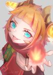  1girl annie_(skullgirls) aqua_eyes bangs blunt_bangs blush fire flame grey_background highres league_of_legends lunar_beast_annie momikodayo multicolored multicolored_hair open_hand open_mouth orange_hair red_hair short_hair signature simple_background solo streaked_hair tongue tongue_out twitter_username 