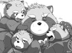  2021 anthro canid canine clothed clothing eyes_closed group gyobu gyobu&#039;s_underlings hijirinoyuta humanoid_hands kemono leaf male mammal monochrome raccoon_dog scar simple_background size_difference slightly_chubby tanuki tokyo_afterschool_summoners video_games white_background young 