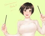  1girl 2017 amanai_kanoka aotama arms_up black_hair breasts eyebrows eyelashes food grin haikyuu!! happy holding holding_food large_breasts looking_at_viewer pocky short_hair simple_background smile solo sweater upper_body white_sweater wide-eyed 