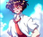  1boy blue_hair blue_sky day natsu_hotaru necktie original red_eyes sakakibara_yukino shirt short_hair sky smile solo white_shirt 