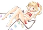  1girl arnest bangs barefoot bikini blonde_hair bow closed_mouth commentary crystal fang feet flandre_scarlet floating frilled_bikini frills hair_bow legs looking_at_viewer medium_hair red_bikini red_bow red_eyes side_ponytail smile solo strapless strapless_bikini swimsuit toes touhou wings 