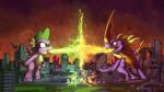  2021 activision battle city cloud colored_fire destruction dragon fire friendship_is_magic green_fire hasbro hi_res macro my_little_pony open_mouth purple_body sky skyscraper spike_(mlp) spyro spyro_the_dragon tsitra360 video_games wings 