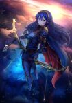  1girl arrow_(projectile) blue_armor blue_cape blue_eyes blue_hair bow_(weapon) cape cloud crown fire_emblem fire_emblem_awakening highres ippers long_hair looking_at_viewer lucina_(fire_emblem) shooting_star sky star_(sky) starry_sky sunrise weapon 