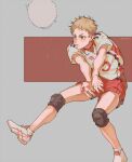  1boy bangs blonde_hair brown_hair grey_background haikyuu!! highres looking_away male_focus simple_background solo sportswear standing twitter_username volleyball volleyball_uniform wsr_cao_rong_rong yaku_morisuke 