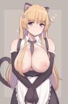  1girl animal_ears bangs between_breasts black_gloves black_neckwear blonde_hair blue_eyes blush breasts brown_background cat_ears cat_tail closed_mouth earrings elbow_gloves eyebrows_visible_through_hair folait gloves hair_ornament heart heart_hair_ornament highres jewelry lactation large_breasts long_hair looking_at_viewer maid original smile solo tail two-tone_background 