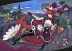  2girls absurdres basket black_hair broom broom_riding character_request green_eyes gun hat head_wings highres kirisame_marisa kirisame_marisa_(pc-98) long_hair magic_circle multiple_girls mushroom platform_boots red_eyes red_hair scarf short_hair tagme touhou touhou_(pc-98) very_long_hair wand weapon witch witch_hat 