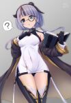  1girl :o ? armpit_cutout asymmetrical_hair azur_lane bearn_(azur_lane) black_hair book boots breasts clothing_cutout coat covered_navel dot_nose eyebrows_visible_through_hair holding holding_book medium_breasts monocle multicolored_hair off_shoulder panties purple_eyes purple_hair signature skin_tight solo speech_bubble spoken_question_mark thigh_boots thighhighs twitter_username underwear waa!_okami 