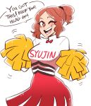  ;d absurdres alternate_costume alternate_hairstyle bow bowtie breasts cheering cheerleader english_text eyelashes highres large_breasts looking_at_viewer official_alternate_costume okumura_haru one_eye_closed open_mouth persona persona_5 pom_poms scruffyturtles skirt smile speech_bubble 