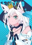  1girl absurdres animal_ear_fluff animal_ears ao_no_kitsune aqua_eyes black_choker black_headwear character_name choker collarbone copyright_name crown dog_tags fox_ears fox_girl hat highres hololive hood hoodie jacket jewelry looking_at_viewer milestone_celebration mini_hat miteiru_(shirakami_fubuki) necklace shirakami_fubuki sleeveless sleeveless_hoodie smile solo sticker upper_body virtual_youtuber white_hair white_hoodie white_jacket 