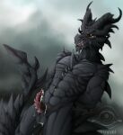  abs alduin anthro balls bethesda_softworks biceps black_body black_scales bodily_fluids cum cum_on_balls cum_on_face cum_on_penis cum_on_self cum_on_stomach digital_media_(artwork) dragon erection genital_fluids genitals hands_behind_back hi_res horn male muscular muscular_anthro muscular_male nude open_mouth pecs penis red_eyes reptile scales scalie shadeylady simple_background skyrim solo teeth the_elder_scrolls tongue video_games watermark 