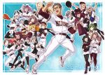  2boys 6+girls :d :o ;d akabane_youko asuka_hina bad_leg ball baseball baseball_cap baseball_jersey baseball_mitt belt black_bow black_legwear blonde_hair blue_background blue_bow blue_eyes blue_shirt bow bracelet brown_eyes brown_footwear brown_hair brown_legwear bug butterfly clenched_hand closed_eyes crescent crescent_hair_ornament crossed_arms flower fuwa_minato grey_eyes grey_hair hair_bow hair_flower hair_ornament hand_up harigiri305 hat hayama_marin holding holding_ball horns hoshikawa_sara insect jewelry kanae_(nijisanji) kitakouji_hisui kuzuha_(nijisanji) levi_elipha long_sleeves luis_cammy maimoto_keisuke mask mask_removed medium_hair megaphone multiple_boys multiple_girls nijisanji nui_sociere one_eye_closed open_mouth pantyhose purple_hair red_bow red_eyes running sakura_ritsuki seto_miyako shirt short_hair shorts sister_cleaire smile suzuhara_lulu two_side_up virtual_youtuber white_footwear x_hair_ornament yellow_butterfly yukishiro_mahiro yuzuki_roa 