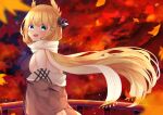  1girl absurdres arms_behind_back autumn_leaves azur_lane bare_shoulders blonde_hair blue_eyes brown_coat coat coat_dress ebichiri_sunday highres huge_filesize laurel_crown leaf long_hair maple_leaf official_alternate_costume open_mouth purple_sweater ribbed_sweater scarf sleeveless_sweater solo sweater sweater_vest taut_sweater_vest upper_body victorious_(azur_lane) victorious_(goddess&#039;_day_off)_(azur_lane) white_scarf 