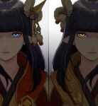  2girls absurdres artist_request bangs black_hair blue_eyes blunt_bangs eyebrows_visible_through_hair fewer_digits hair_ornament highres hinoa japanese_clothes long_hair looking_at_viewer minoto monster_hunter_(series) monster_hunter_rise multiple_girls pointy_ears siblings sisters twins yellow_eyes 