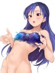  1girl absurdres blue_hair blush brown_eyes earth_(planet) groin highres idolmaster idolmaster_(classic) kisaragi_chihaya long_hair mamimi_(mamamimi) navel open_mouth planet simple_background solo space white_background 