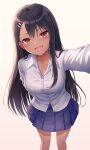  1girl :d alternate_breast_size arm_behind_back arm_up black_hair blue_skirt blush breasts brown_eyes cleavage collared_shirt commentary dark_skin dark_skinned_female dress_shirt ear_clip fang feet_out_of_frame hair_ornament hairclip highres ijiranaide_nagatoro-san long_hair long_sleeves looking_at_viewer looking_back medium_breasts miniskirt nagatoro_hayase open_mouth outstretched_arm pleated_skirt revision seungju_lee shirt skin_fang skirt smile solo standing straight_hair very_long_hair 