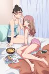  2girls adjusting_eyewear barefoot bed bedroom bowl camisole chips earbuds earphones eating feet food glasses gulim highres legs mei_(dynazenon) minami_yume multiple_girls pillow potato_chips red-framed_eyewear shorts soles ssss.dynazenon toes 