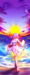  1girl barefoot bell breasts detached_sleeves evening gradient_sky hair_bell hair_ornament highres japanese_clothes kamichika_komako kimono large_breasts light_purple_hair natsu_hotaru ocean original outdoors pink_eyes scenery short_hair short_kimono sky sleeveless sleeveless_kimono sunset white_kimono 