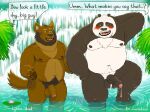  2021 anthro ari_guardian balls belly black_body black_fur blush bodily_fluids brown_body brown_fur dreamworks duo erection fur genital_fluids genitals giant_panda hi_res humanoid_genitalia humanoid_penis hyaenid kung_fu_panda li_shan_(kung_fu_panda) male mammal moobs navel nipples outside overweight overweight_male penis precum ursid water waterfall white_body white_fur 