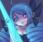  1girl ahoge bare_shoulders blue_eyes blue_hair blush breasts cleavage closed_mouth collarbone drill_hair eyebrows_visible_through_hair eyes_visible_through_hair gloves glowing glowing_eyes glowing_weapon grey_gloves gwen_(league_of_legends) heterochromia highres league_of_legends long_hair momikodayo purple_background purple_eyes simple_background smile solo twintails twitter_username upper_body weapon 