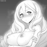  1girl :/ arms_under_breasts blush breasts cypress greyscale inverted_nipples kantai_collection large_breasts long_hair mole mole_under_eye monochrome nude richelieu_(kancolle) solo sweat twitter_username upper_body wavy_hair 