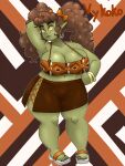  big_breasts breasts brown_hair ear_piercing ear_ring female goblin green_body hair hi_res humanoid humanoid_pointy_ears lurking_tyger not_furry piercing solo thick_thighs yellow_sclera 