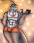  anthro bedroom_eyes bottomwear bulge clothed clothing dialogue femboy_hooters fish genital_outline grey_body hi_res male male/male marine muscular muscular_anthro muscular_male narrowed_eyes penis_outline photolol.03 seductive shark shark_tail shorts smile smiling_at_viewer solo tattoo text text_on_clothing text_on_topwear thick_thighs topwear 